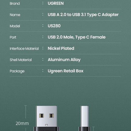 UGREEN 50568 USB-C 3.1 Female to USB-A 2.0 Male Adapter.