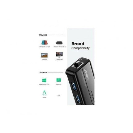 UGREEN 50627 USB-C to USB-A 3-Port Hub with RJ45 Gigabit Ethernet.