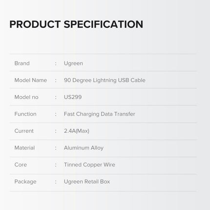 UGREEN 60521 USB-A to 8-pin 90 Degree Angel Cable 1M.