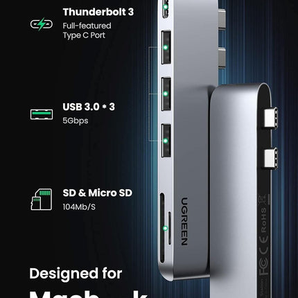 UGREEN 60560 USB-C Hub for MacBook Aluminum Type-C Adapter with 3 USB 3.0 100W.