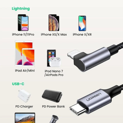 UGREEN 60763 90 Degree USB-C to iPhone 8-pin Cable 1M.