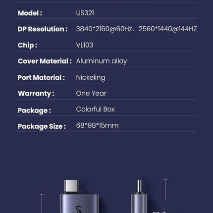 UGREEN 70451 USB-C Male to DP Female Adapter Aluminium Case 4K/2K 60Hz (Dark Gray).