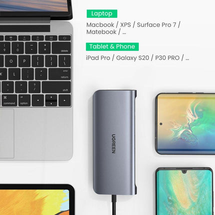 UGREEN USB-C To 3*USB 3.0 A+HDMI+VGA+RJ45 Gigabit+SD/TF+AUX3.5mm+PD Converter Gray with PD 80133.