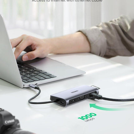 UGREEN USB-C To 3*USB 3.0 A+HDMI+VGA+RJ45 Gigabit+SD/TF+AUX3.5mm+PD Converter Gray with PD 80133.