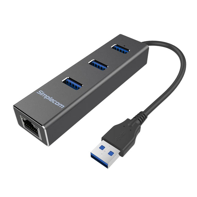Simplecom CHN410 Aluminium 3 Port USB 3.0 HUB with Gigabit Ethernet Adapter 1000Mbps Black.