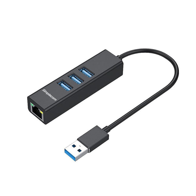 Simplecom CHN420 Aluminium 3 Port SuperSpeed USB HUB with Gigabit Ethernet Adapter Black.