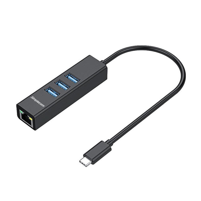 Simplecom CHN421 Aluminium USB-C to 3 Port USB HUB with Gigabit Ethernet Adapter Black.
