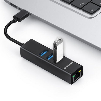 Simplecom CHN421 Aluminium USB-C to 3 Port USB HUB with Gigabit Ethernet Adapter Black.