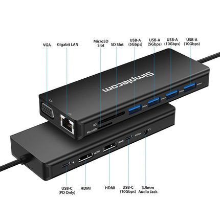 Simplecom CHN613 USB-C 13-in-1 Multiport Docking Station Dual HDMI + VGA Triple Display USB 3.2 Gen 2 10Gbps.
