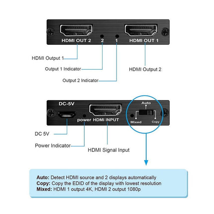 Simplecom CM412 HDMI 2.0 1x2 Splitter 1 IN 2 Out 4K@60Hz HDR10 2 Port HDMI Duplicator.