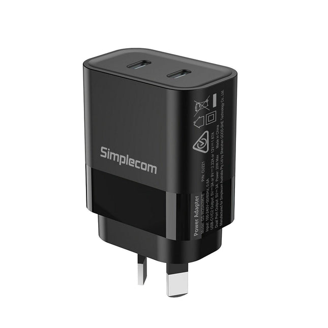 Simplecom CU221 Dual USB-C Fast Wall Charger PD 20W for Phone Tablet.