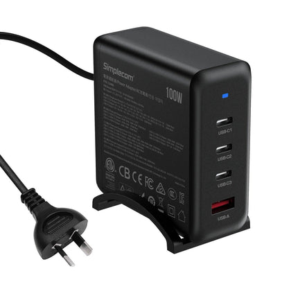 Simplecom CU400 4-Port PD 100W GaN Fast Charger 3xUSB-C + USB-A for Phone Tablet Laptop.