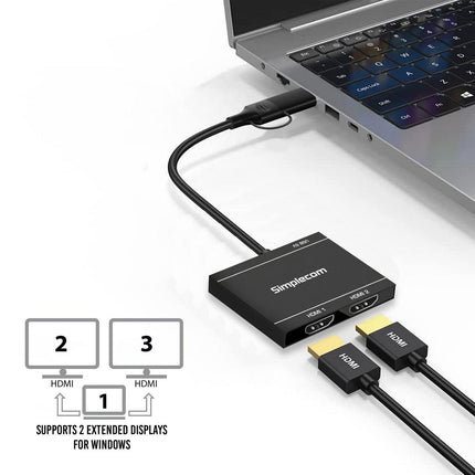 Simplecom DA327 USB 3.0 or USB-C to Dual HDMI Display Adapter for 2x 1080p Extended Screens.