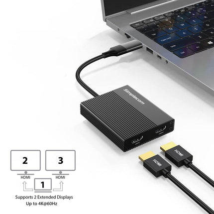 Simplecom DA369 USB 3.0 or USB-C to Dual 4K HDMI 2.0 Display Adapter for 2x 4K@60Hz Extended Screens.