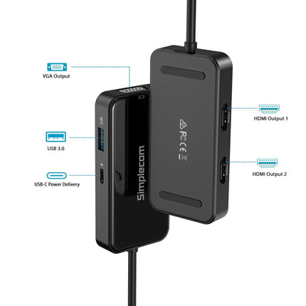 Simplecom DA451 5-in-1 USB-C Multiport Adapter MST Hub with VGA and Dual HDMI.