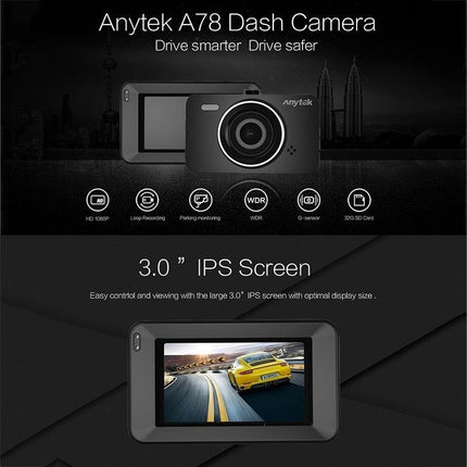 Anytek A78 Car Dash Cam Full HD 1080P Car DVR 170 Degree Wide Angle (24 Hours Parking Monitoring).