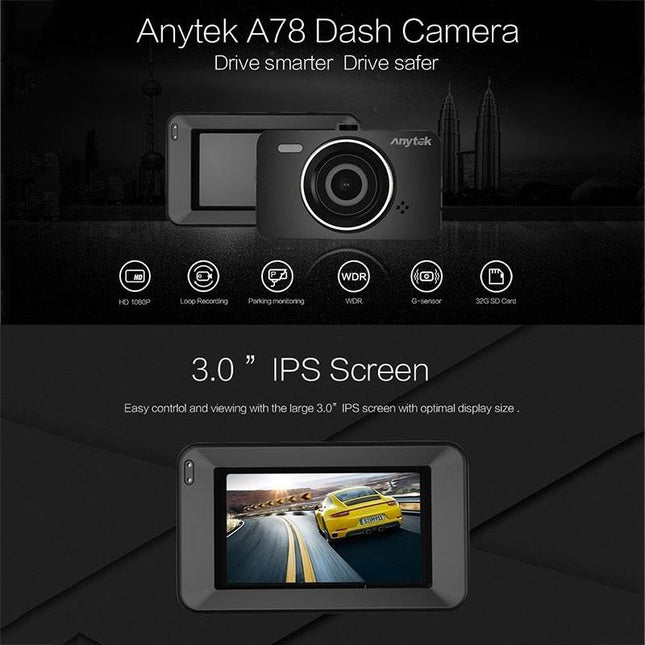 Anytek A78 Car Dash Cam Full HD 1080P Car DVR 170 Degree Wide Angle (24 Hours Parking Monitoring).