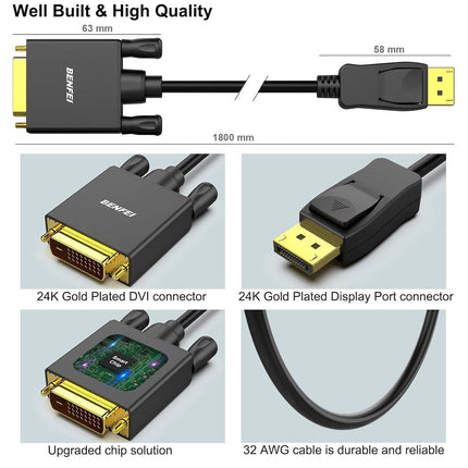 BENFEI DisplayPort to DVI 1.8m (6 Feet) Cable.