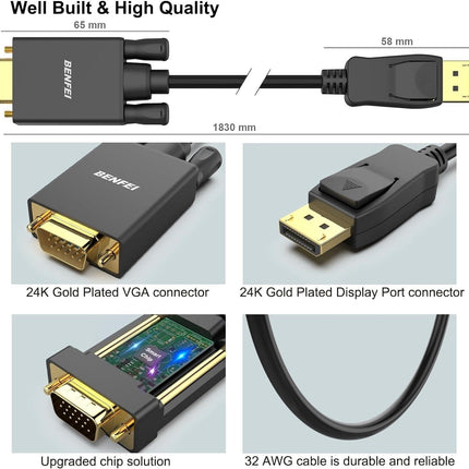 BENFEI 000123BK-10F Uni-Directional DP DisplayPort to VGA Cable Male-Male Gold-Plated Cord 3M.
