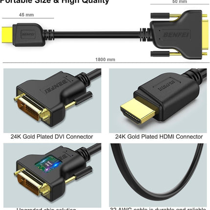 BENFEI HDMI to DVI, Bi Directional DVI-D 24+1 Male to HDMI Male High Speed Adapter Cable.