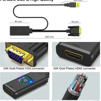 BENFEI 210BK VGA to HDMI Adapter with Audio Support and 1080P Resolution.