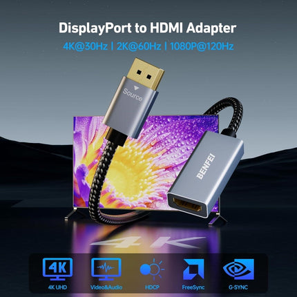 BENFEI 4K DisplayPort to HDMI Adapter, (2K 60Hz, 1080p 120Hz) Uni-Directional Display Port to HDMI Monitor Converter.