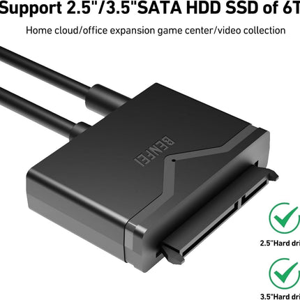 BENFEI 221BK USB 3.0 to SATA III Hard Drive Adapter for 2.5/3.5-inch HDD/SSD with 12V/2A Power Adapter, Support UASP.