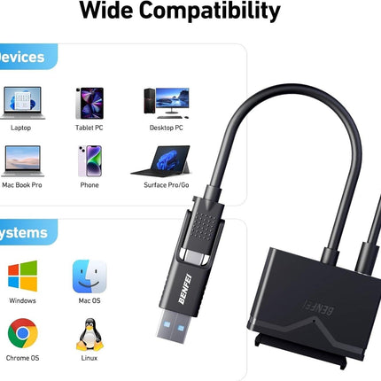 BENFEI 221BK USB 3.0 to SATA III Hard Drive Adapter for 2.5/3.5-inch HDD/SSD with 12V/2A Power Adapter, Support UASP.