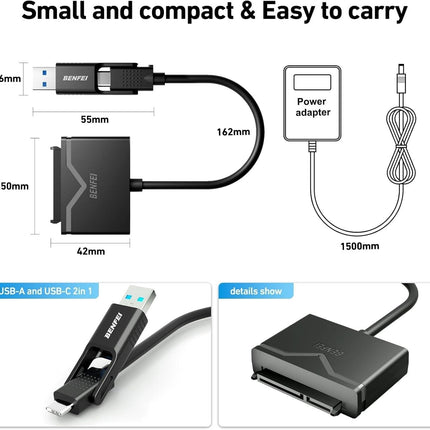 BENFEI 221BK USB 3.0 to SATA III Hard Drive Adapter for 2.5/3.5-inch HDD/SSD with 12V/2A Power Adapter, Support UASP.