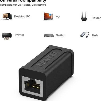 BENFEI RJ45 Inline Coupler, Cat7 Cat6 Cat5e Ethernet Coupler Female to Female.