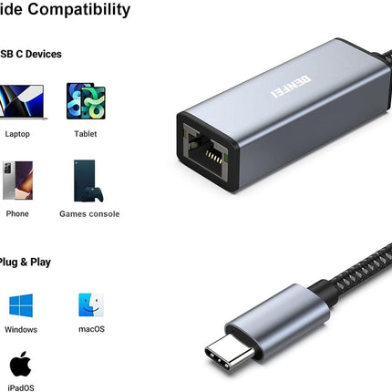 BENFEI USB-C to Ethernet Adapter (Thunderbolt 3 to RJ45).