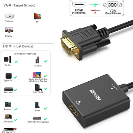 BENFEI HDMI to VGA, Uni-Directional HDMI Computer to VGA Monitor  Adapter (Female to Male) with 3.5mm Audio Jack.