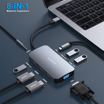 BENFEI 335GY USB-C Hub with Triple Display, 8-in-1 Docking Station (100W PD, Dual 4K HDMI, VGA, 3x USB 3.0).