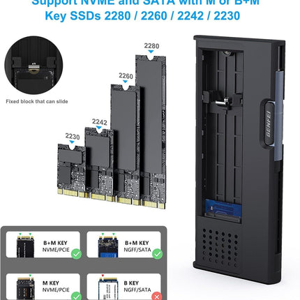 BENFEI 345GY M.2 NVME SATA SSD Enclosure, 10 Gbps USB Type-C/Type-A to NVME PCI-E SATA M-Key/(B+M).