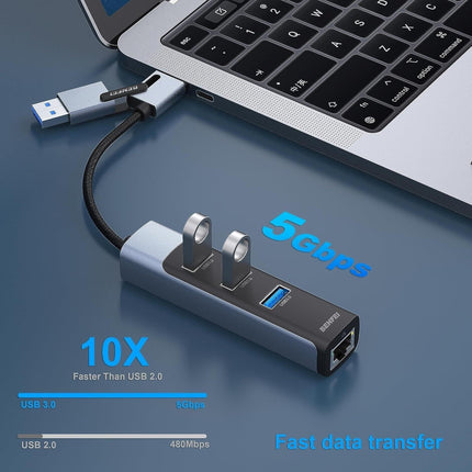 BENFEI 350GY 2-in-1 USB-C+USB 3.0 to RJ45 Gigabit Ethernet Port + 3-Port USB 3.0 HUB.