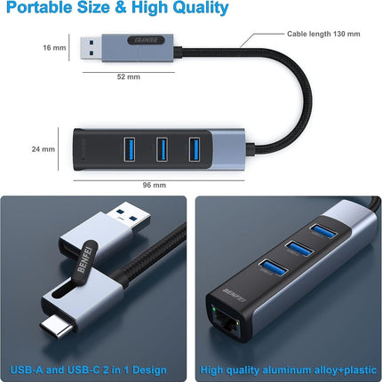 BENFEI 350GY 2-in-1 USB-C+USB 3.0 to RJ45 Gigabit Ethernet Port + 3-Port USB 3.0 HUB.