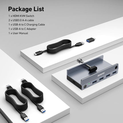 BENFEI 000355GY USB 3.0 HDMI KVM Switch(8K@60Hz) with 4 USB 3.0 Ports for 2 Computers Sharing Monitor Keyboard Mouse.