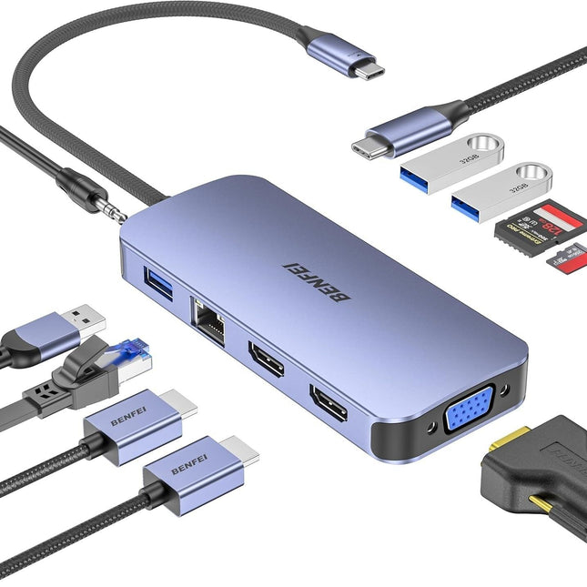 BENFEI 000359GY  11-in-1 USB C Hub Triple Display Docking Station Dual HDMI, VGA, 3xUSB 3.0, 10Gbps.