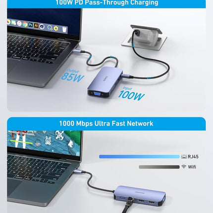 BENFEI 000359GY  11-in-1 USB C Hub Triple Display Docking Station Dual HDMI, VGA, 3xUSB 3.0, 10Gbps.