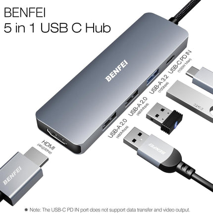 BENFEI USB C Hub 5-in-1 with 4K HDMI(Certified) Aluminum Case.