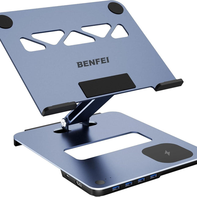 BENFEI 000366GY Laptop Stand with USB C Hub, Multi Function With USB and KVM Switch and 15W Wireless Charger.