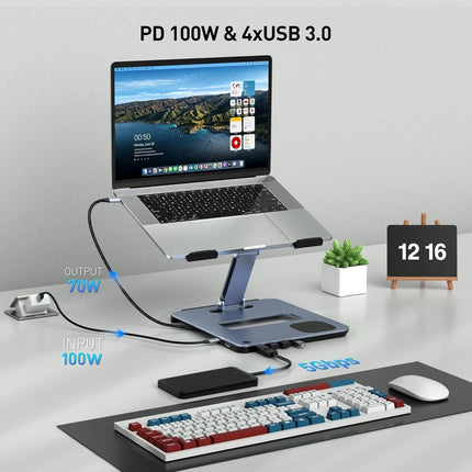 BENFEI 000366GY Laptop Stand with USB C Hub, Multi Function With USB and KVM Switch and 15W Wireless Charger.