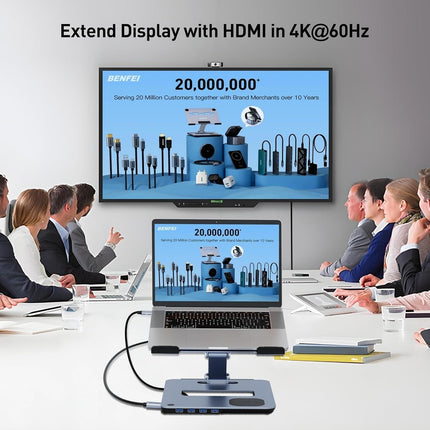 BENFEI 000366GY Laptop Stand with USB C Hub, Multi Function With USB and KVM Switch and 15W Wireless Charger.