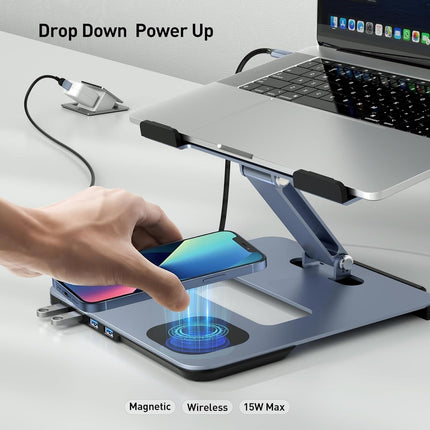 BENFEI 000366GY Laptop Stand with USB C Hub, Multi Function With USB and KVM Switch and 15W Wireless Charger.