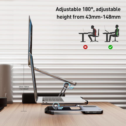 BENFEI 000366GY Laptop Stand with USB C Hub, Multi Function With USB and KVM Switch and 15W Wireless Charger.