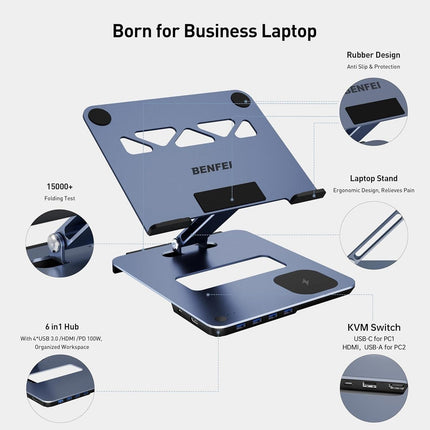 BENFEI 000366GY Laptop Stand with USB C Hub, Multi Function With USB and KVM Switch and 15W Wireless Charger.