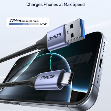 BENFEI 369GY 2M USB 3.0 to USB C Cable, 5Gbps High-Speed Data Sync & 3A Charging.