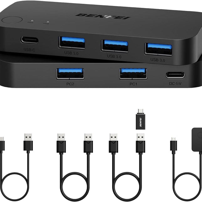 BENFEI 000376BK USB 3.0 Switch, USB Switcher 2 Computers Share 3xUSB 3.0 and 1xUSB C with Remote.