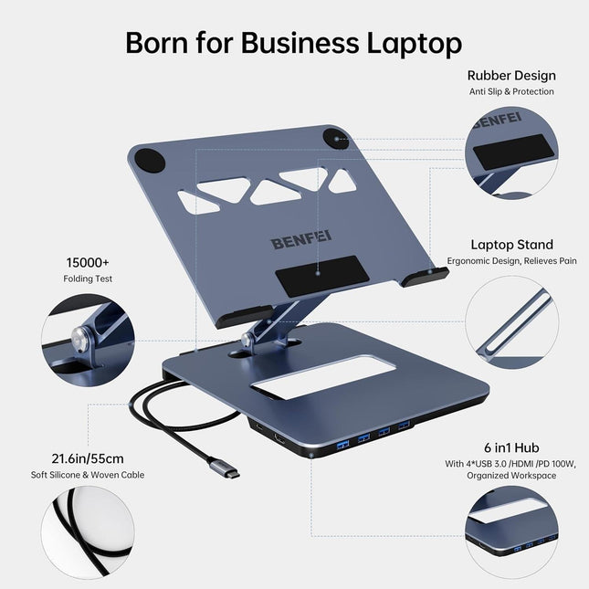 BENFEI 380GY Laptop Stand with USB C 6 in1 4K@60Hz HDMI, 4 x USB3.0, 100W PD Docking Station.