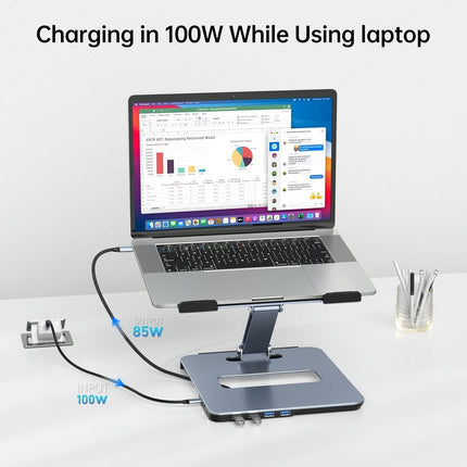 BENFEI 380GY Laptop Stand with USB C 6 in1 4K@60Hz HDMI, 4 x USB3.0, 100W PD Docking Station.